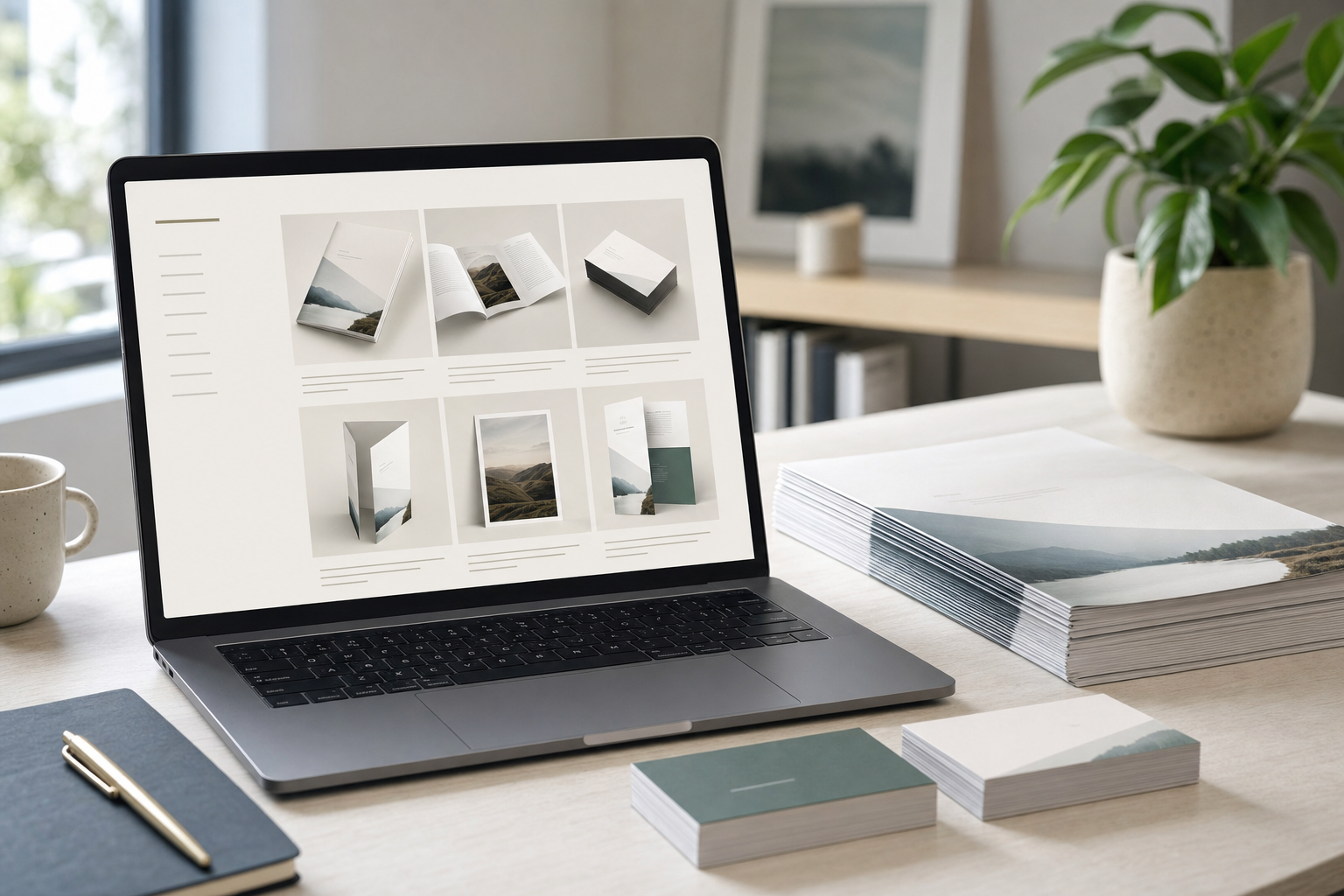 A laptop showing a clean branded print ordering catalogue, on a desk beside a stack of freshly printed brochures